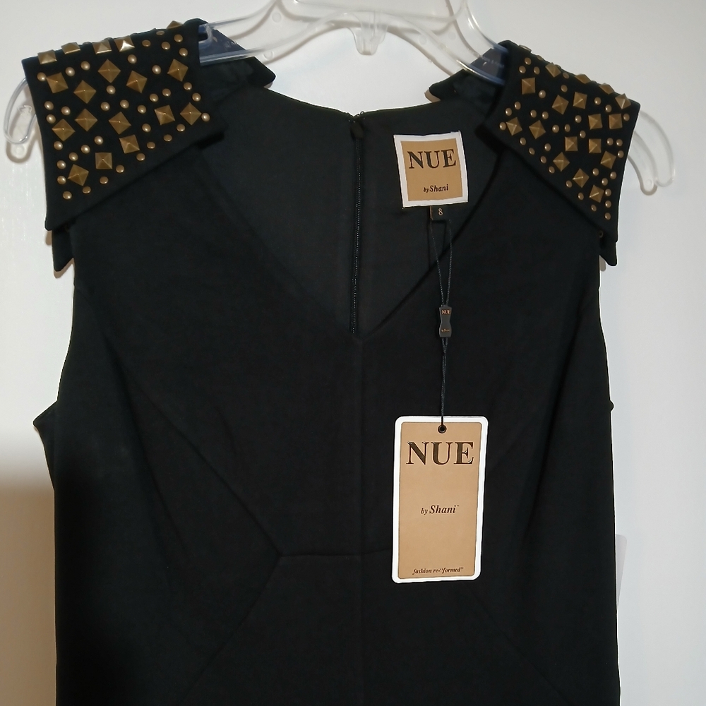 Nue by Shani Black Dress with Gold Studded Shoulders, Size 8 - Picture 4 of 13